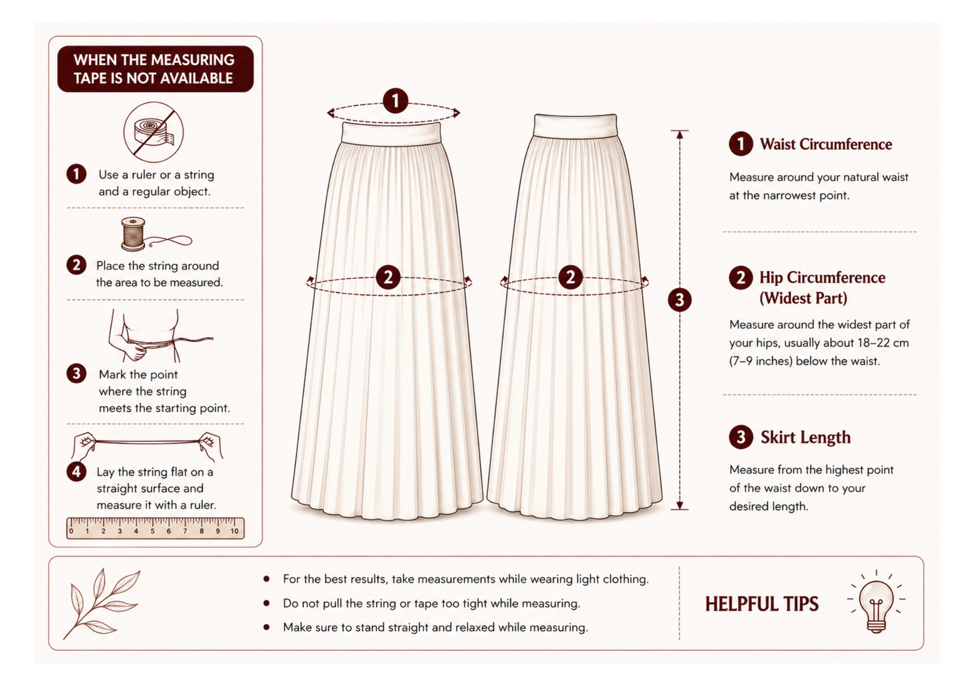 A measurement guide for a skirt, showing two front-view skirt illustrations with measurement callouts for waist circumference, hip circumference, and skirt length. The left side includes step-by-step instructions for using a measuring tape or string, and the bottom has helpful tips on how to measure.