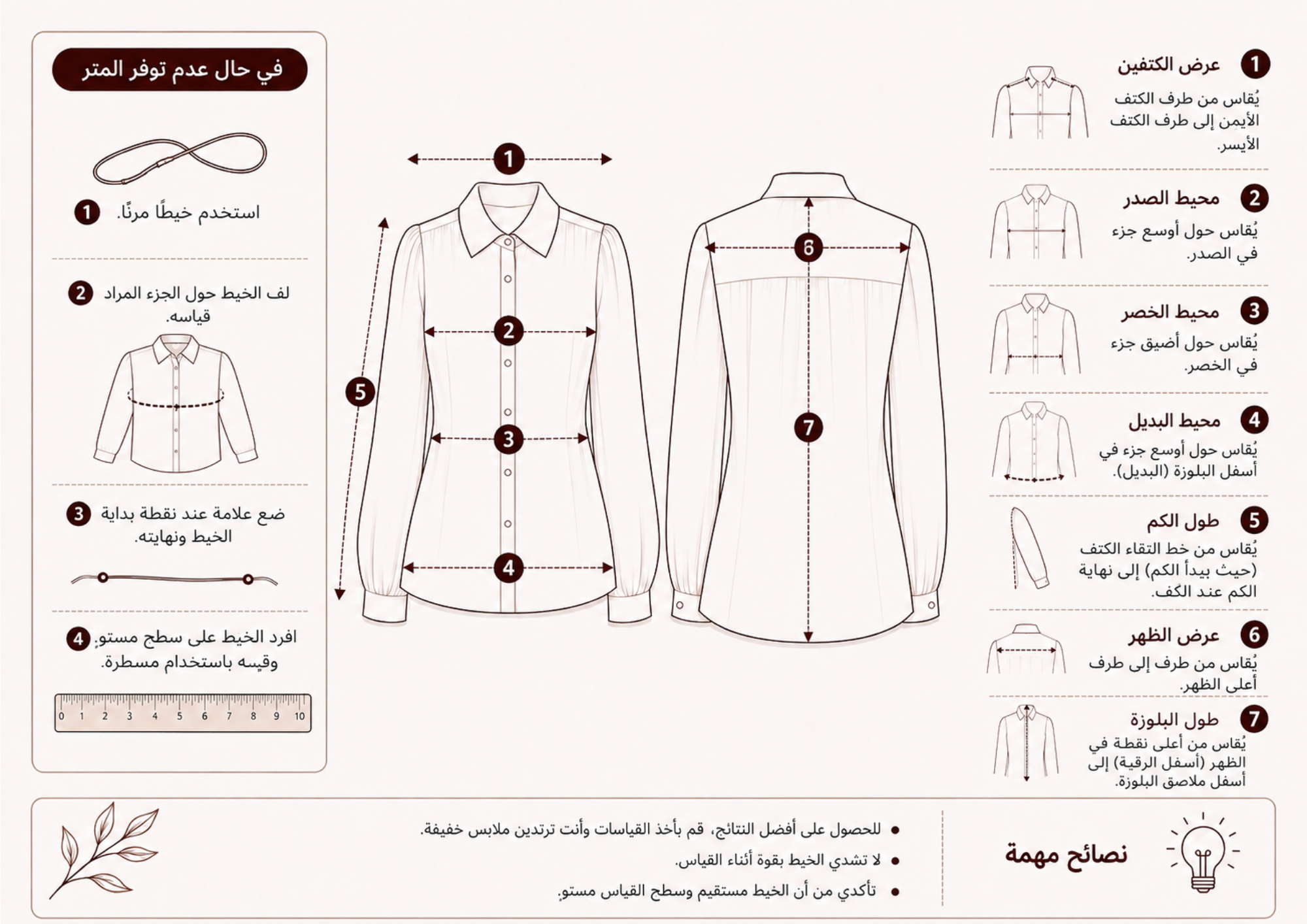 An instructional diagram in Arabic showing how to measure a men's dress shirt, with front and back garment outlines, numbered measurement points, a head size guide, and sizing instructions on a light beige background.