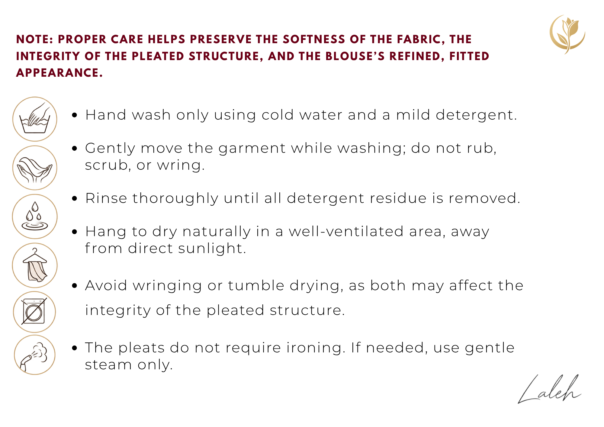 A care instructions graphic for a pleated blouse, featuring a list of washing and drying guidelines with corresponding icons on a white background with a soft pink decorative border.