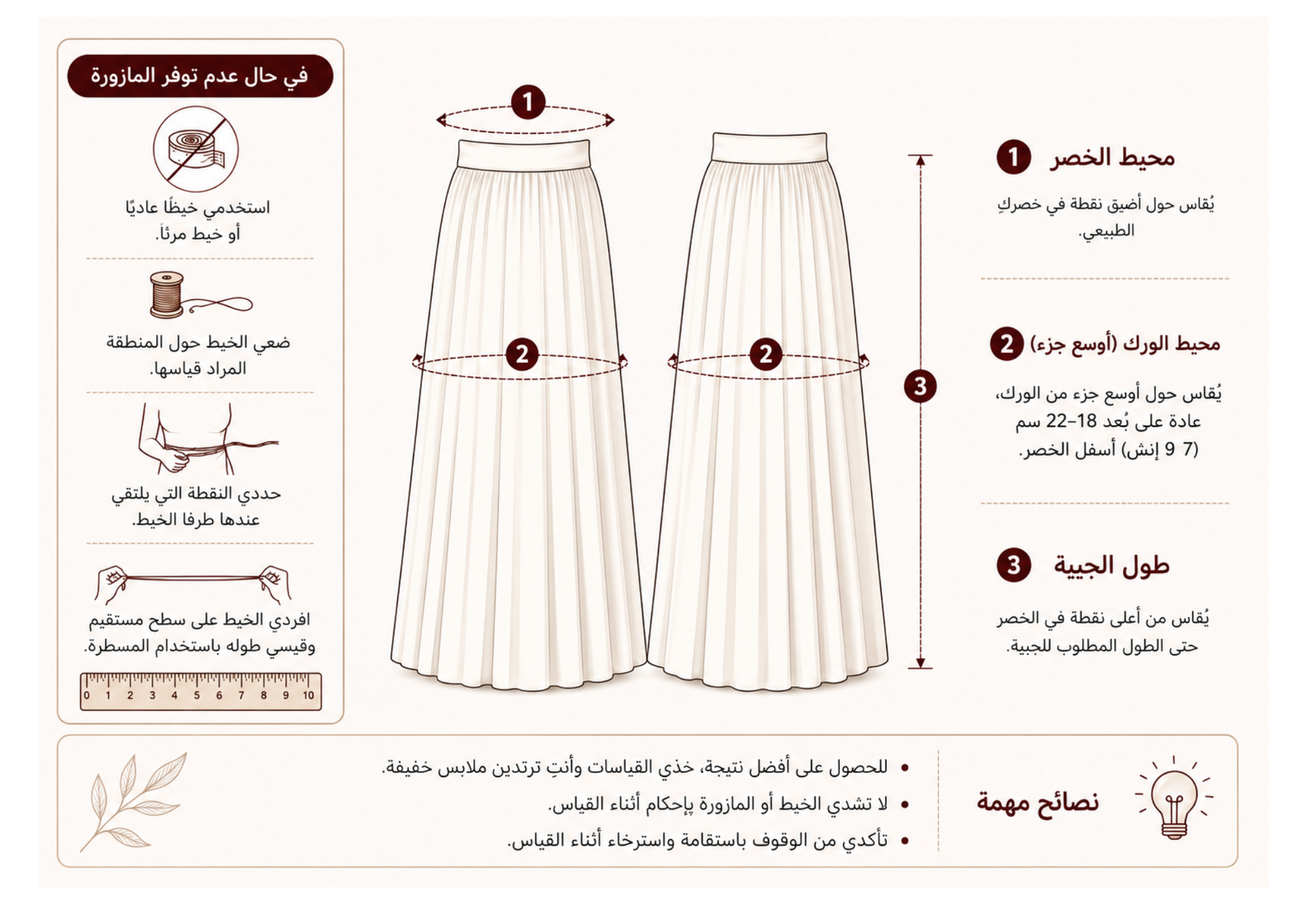 An instructional sewing diagram in Arabic showing two front-view skirt illustrations with measurement callouts and step-by-step sewing tips on a beige background.