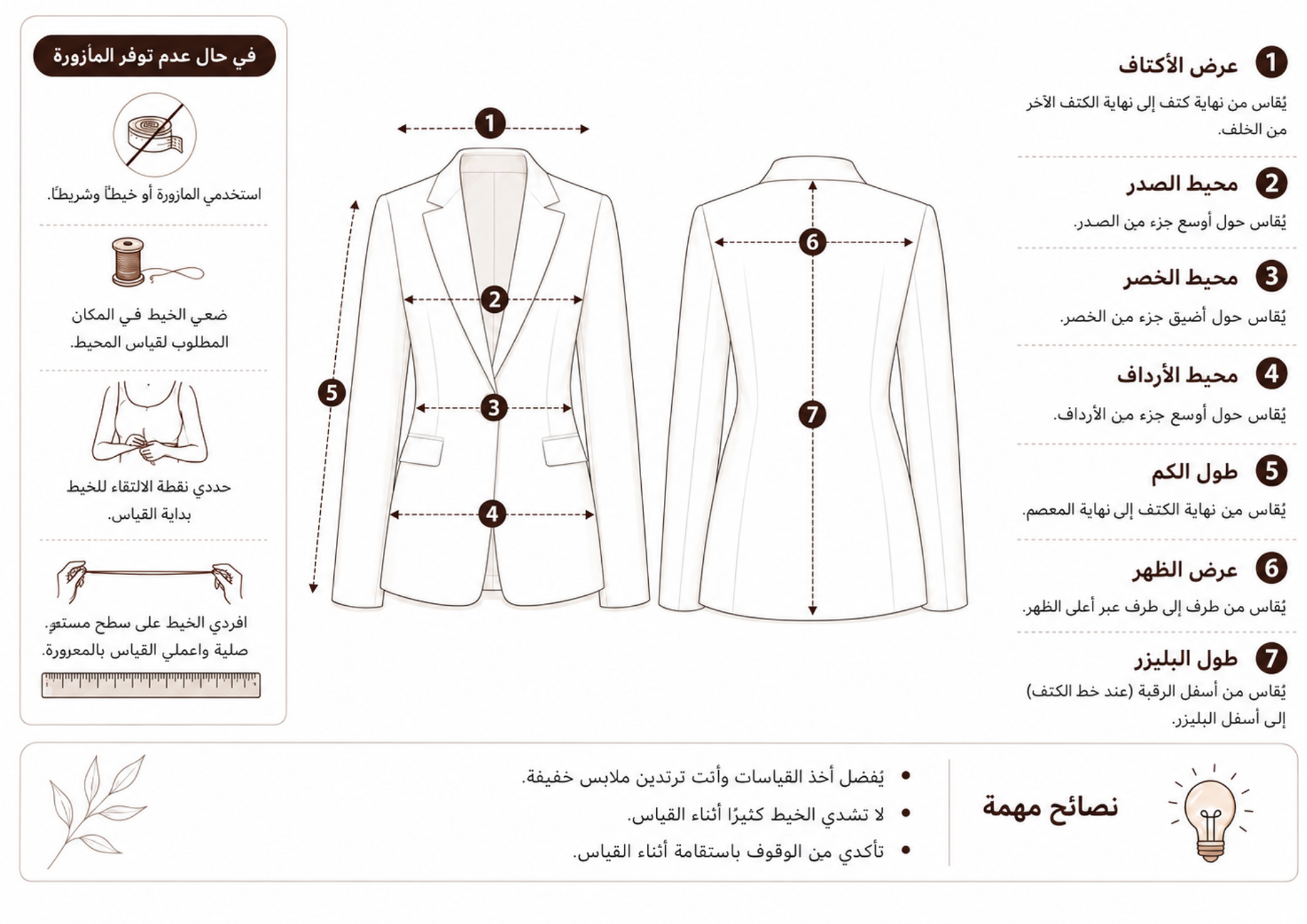 An Arabic instructional sizing guide for a men's blazer, showing front and back measurements with numbered callouts, a sewing machine icon, and a list of key fit points on a white background.