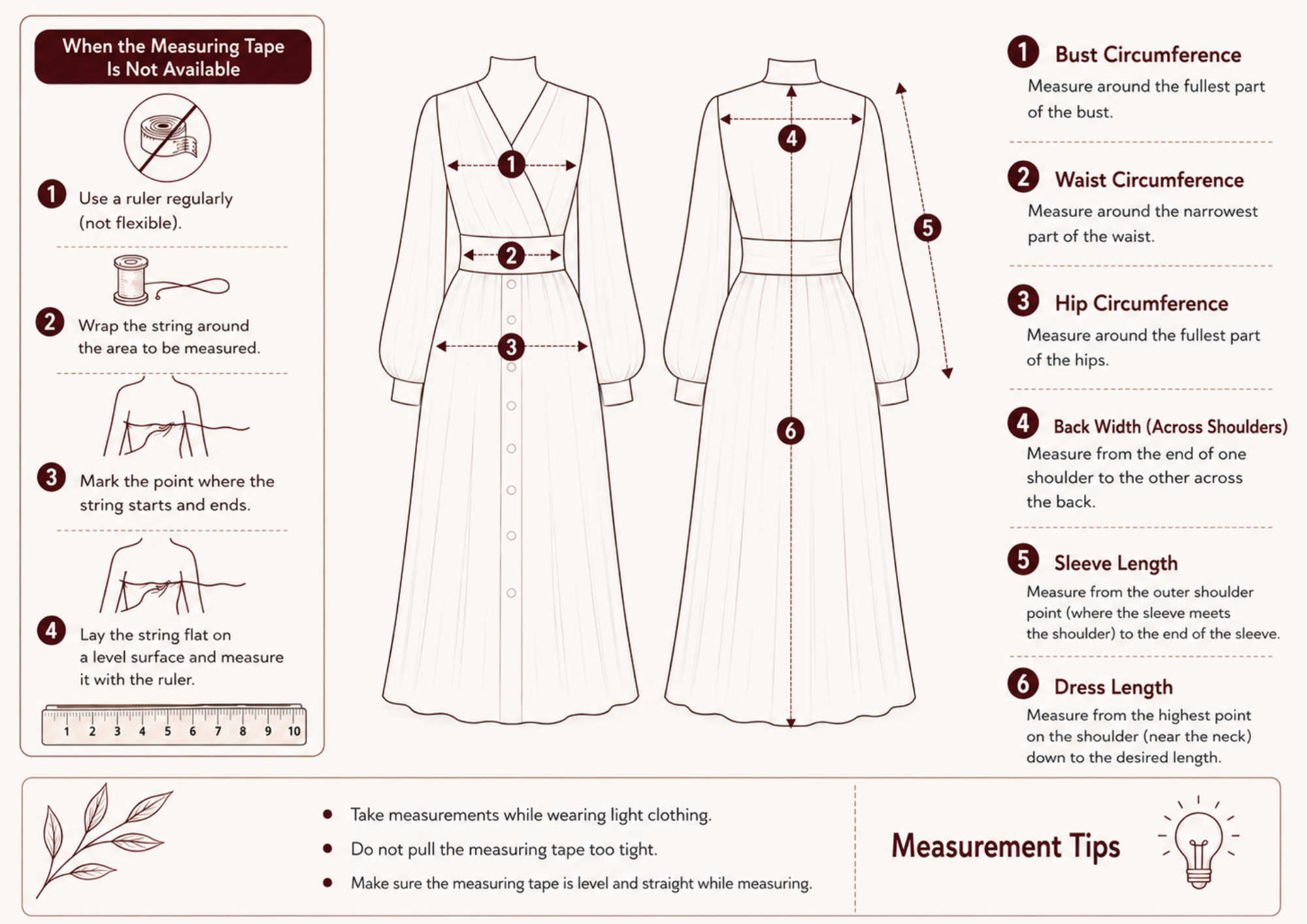 An instructional measurement guide for clothing, showing two front-view garment diagrams with measurement lines and numbered steps for bust, waist, hip, back width, sleeve length, and dress length. The left side includes usage tips for a measuring tape, and the right side includes measurement tips.