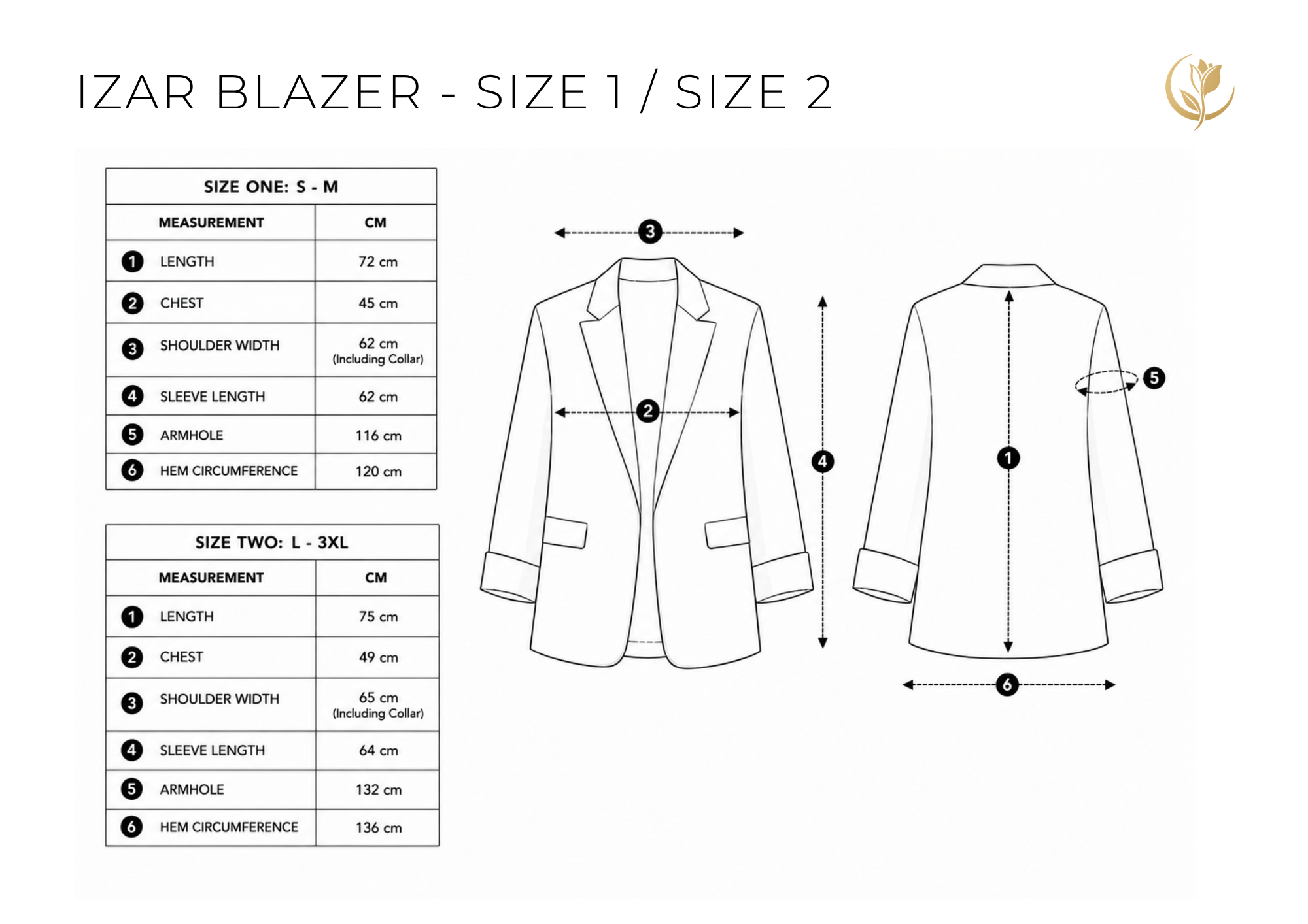 A size measurement chart for the IZAR BLAZER, showing front and back line drawings of the blazer with measurement arrows and tables listing dimensions for Size One (S-M) and Size Two (L-3XL) in centimeters.