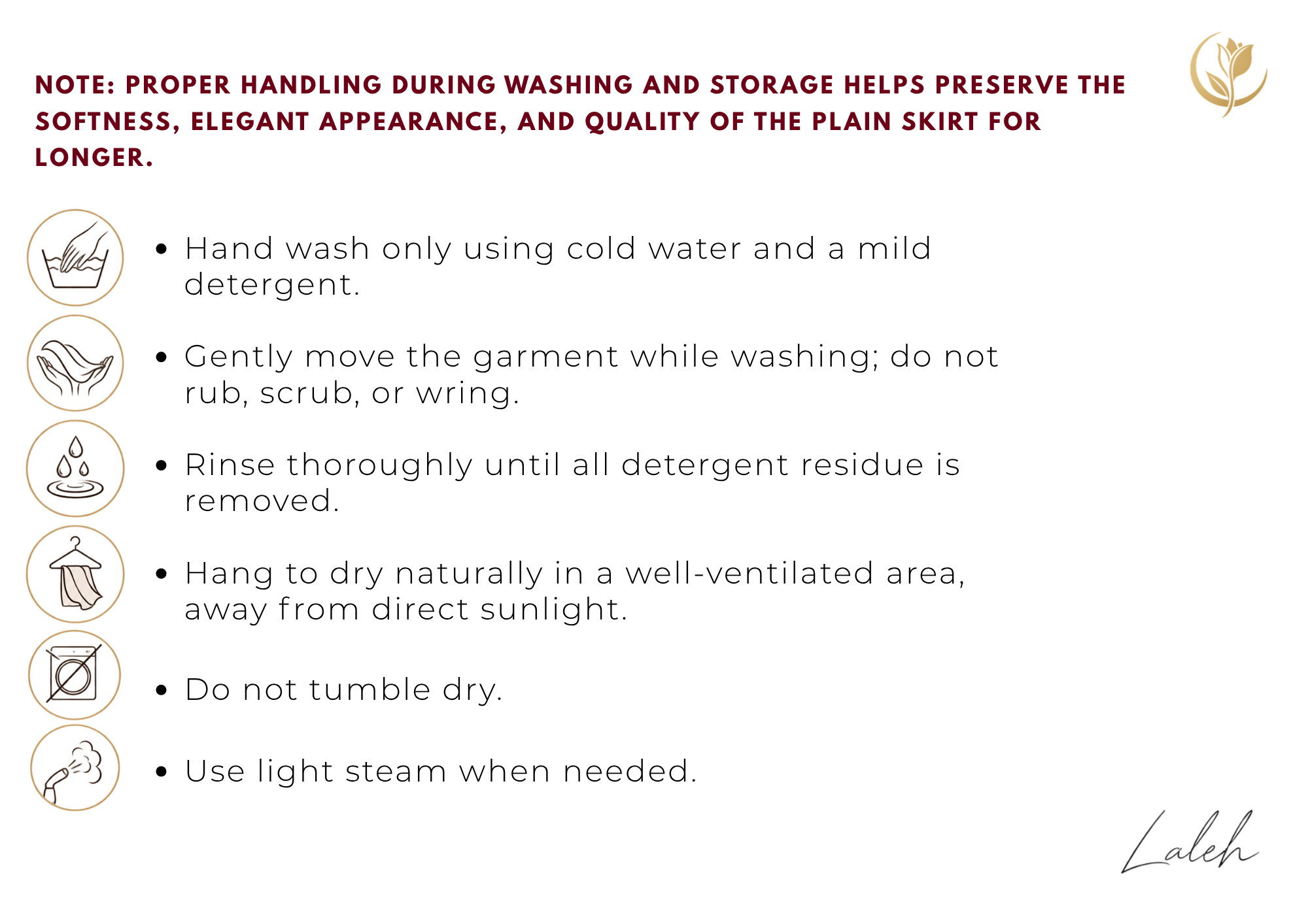 A white informational graphic with red and black text detailing proper washing and storage handling for a plain skirt, accompanied by small line icons illustrating steps such as hand washing, rinsing, hanging to dry, and not tumbling dry. The brand name 'Lalique' appears in a cursive signature at the bottom right.