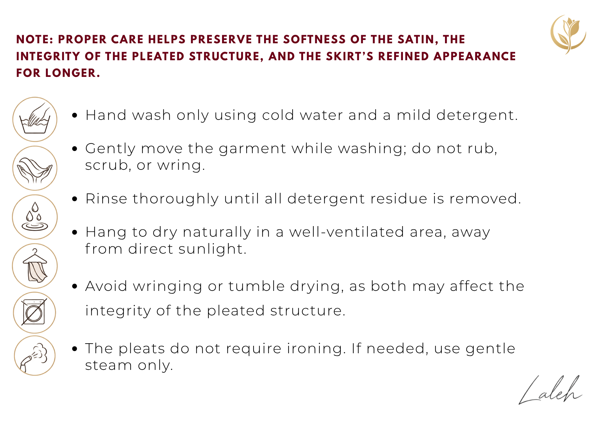 Care instructions graphic for a pleated satin skirt, featuring a note at the top and a bulleted list of washing, rinsing, drying, and ironing guidelines with simple line icons on a white background.
