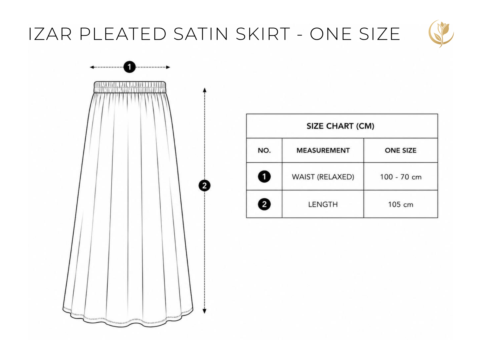 Size chart and measurement diagram for an Izar pleated satin skirt, one size. The image shows a line drawing of the skirt with arrows marking waist and length measurements, plus a size chart table listing measurements in centimeters.