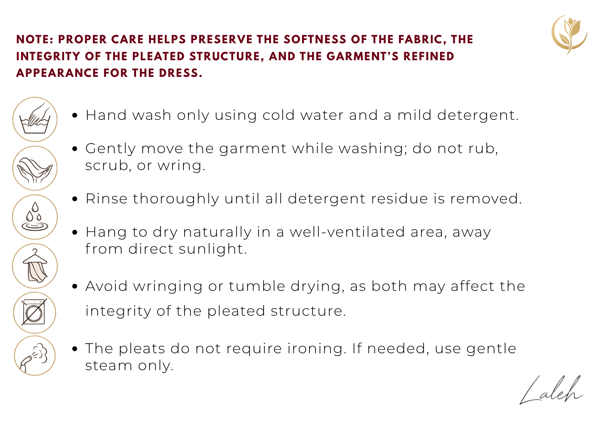 A white care label card with red title text and a bulleted list of washing and drying instructions, accompanied by small line icons for hand washing, gentle movement, rinsing, hanging to dry, avoiding wringing or tumble drying, and no ironing. The brand name 'Lolea' appears in a cursive font in the bottom right corner.