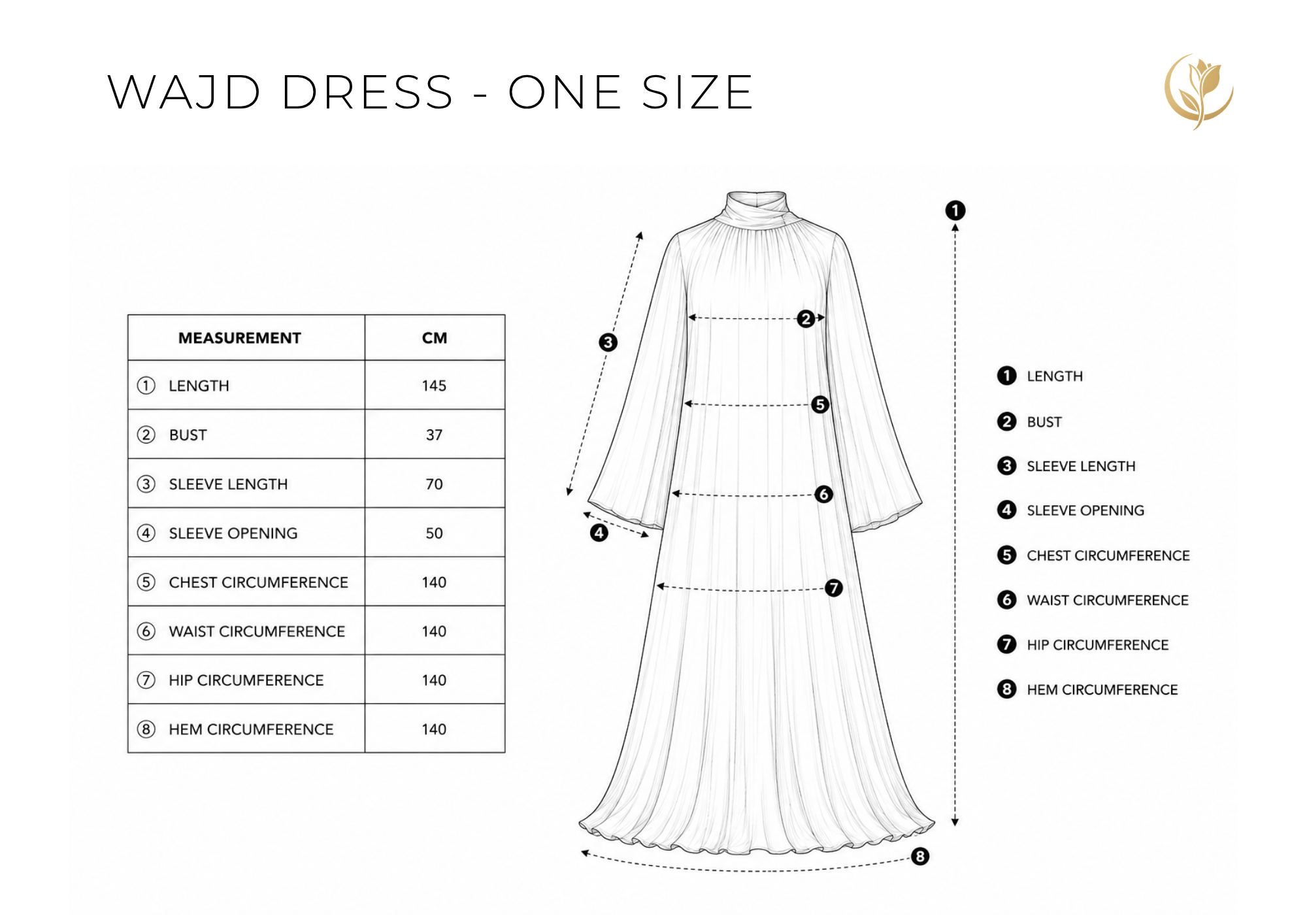 Measurement guide for a wajd dress, one size, showing a front-view line drawing of the dress with labeled measurement points and a side table listing dimensions in centimeters on a white background.