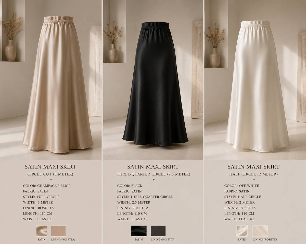 Three satin maxi skirt options shown side by side with labels and measurements: champagne beige circle cut (3 meters), black three-quarter circle (2.5 meters), and off-white half circle (7 meters).